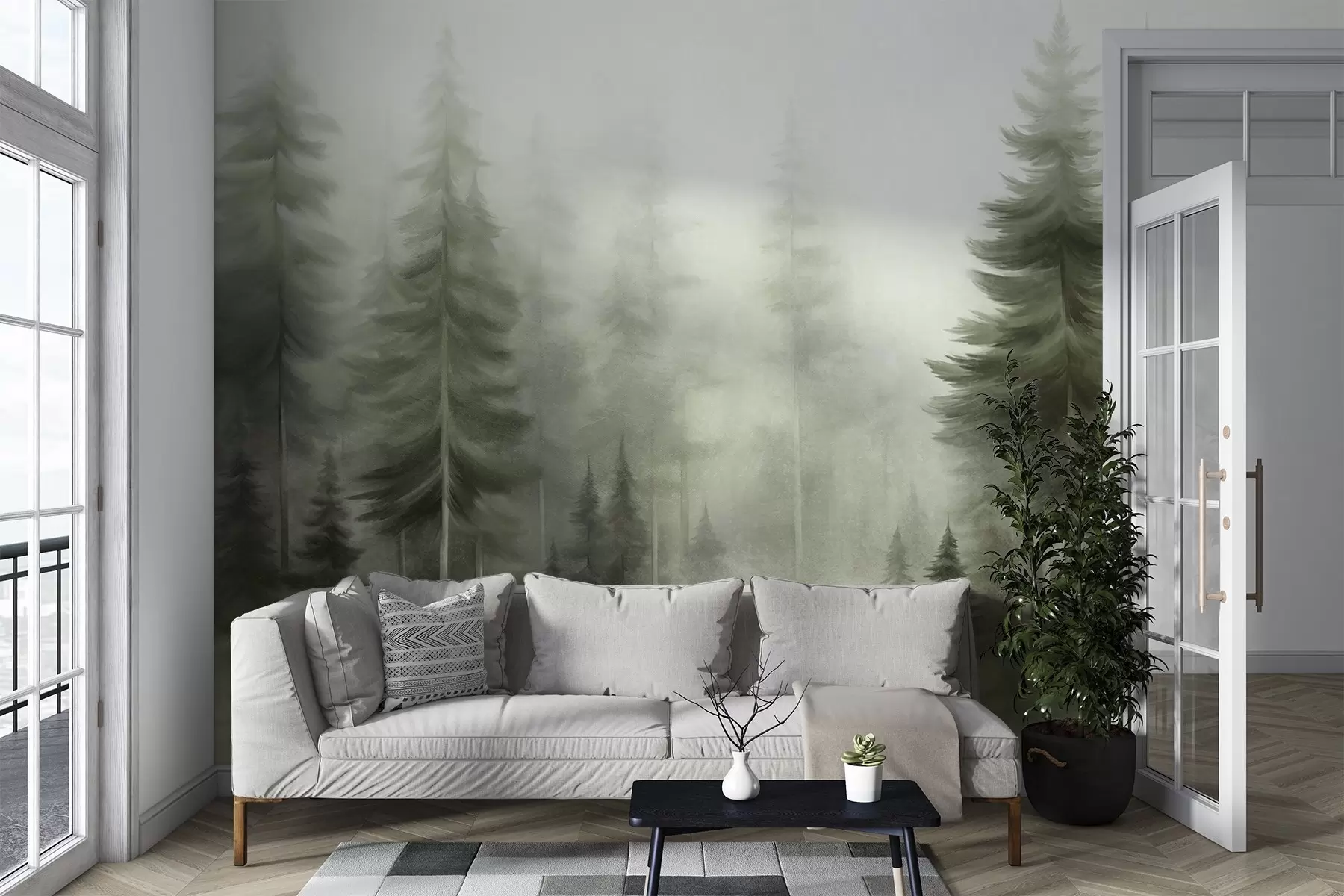 peintures murales Une forêt dense peuplée de grands pins dans une légère brume, une œuvre d'art paysager aux textures riches w09830v1