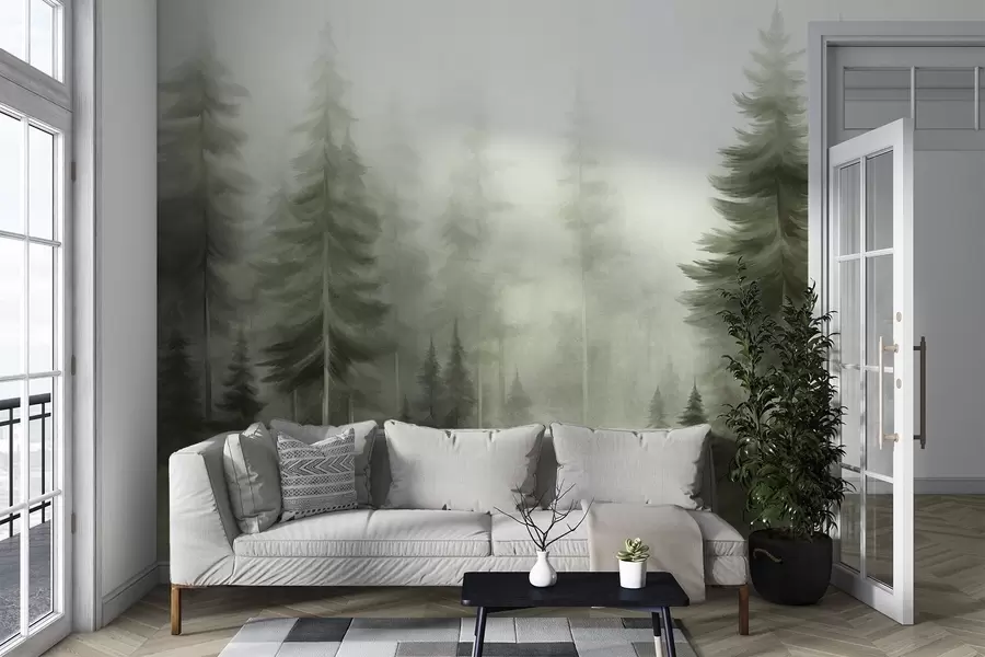 murales Un bosque frondoso con altos pinos envueltos en una ligera niebla; obra de arte paisajística con textura w09830v1