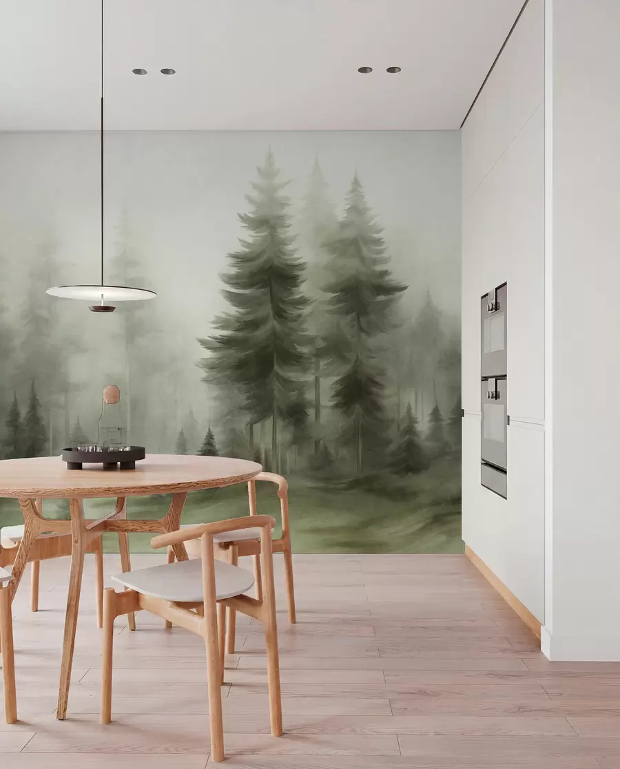 wall murals A dense forest with tall pine trees in a light fog, textured landscape art w09830v1