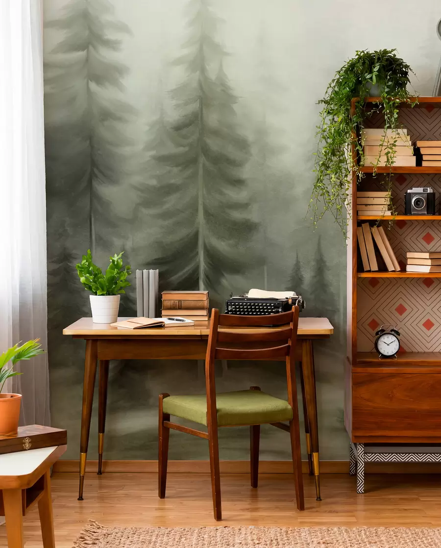 Wall Mural Photo Wallpaper A dense forest with tall pine trees in a light fog, textured landscape art w09830v1