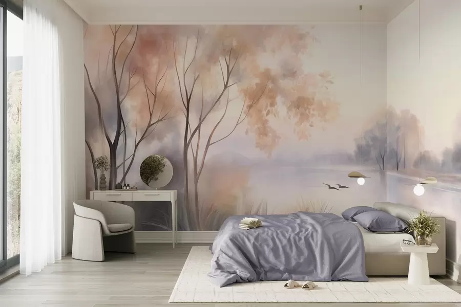 murales Paisaje: un lago envuelto en niebla con árboles y juncos, pájaros volando, estilo de pintura en acuarela con textura w09866