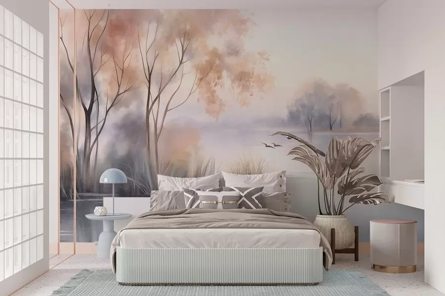 murais de parede Paisagem: um lago enevoado com árvores e juncos, pássaros a voar, estilo de pintura em aguarela com textura w09866