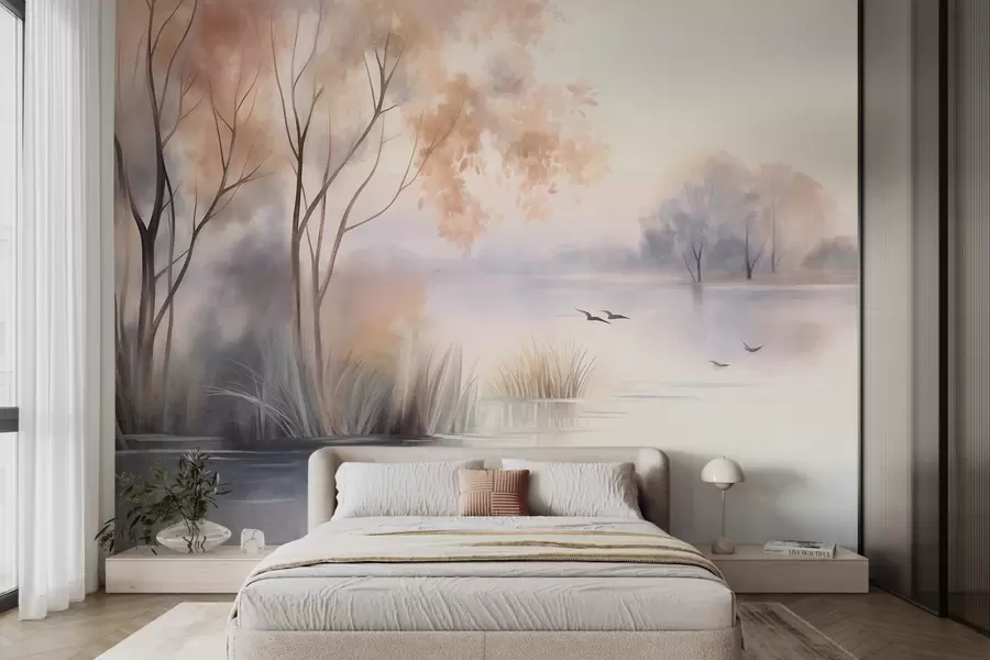 murais de parede Paisagem: um lago enevoado com árvores e juncos, pássaros a voar, estilo de pintura em aguarela com textura w09866