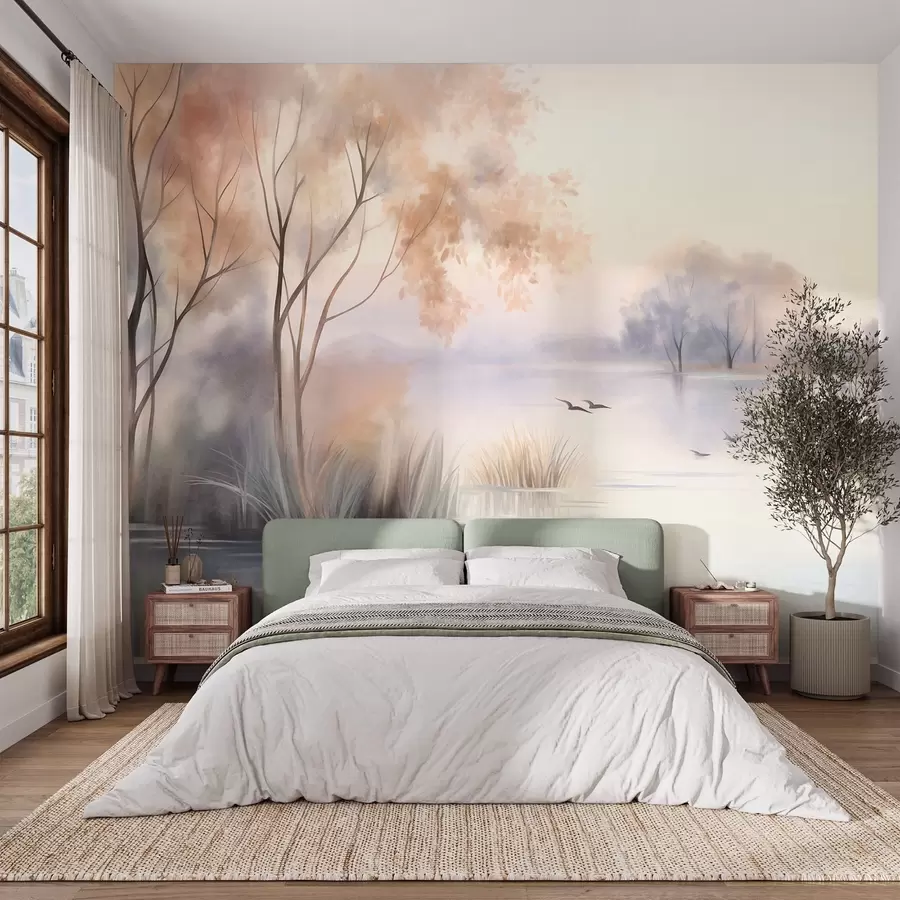wall murals Landscape, a misty lake with trees and reeds, birds flying, textured watercolor painting style w09866