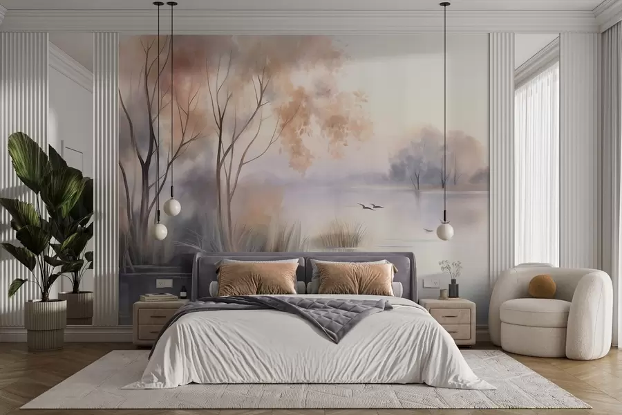 murales Paisaje: un lago envuelto en niebla con árboles y juncos, pájaros volando, estilo de pintura en acuarela con textura w09866