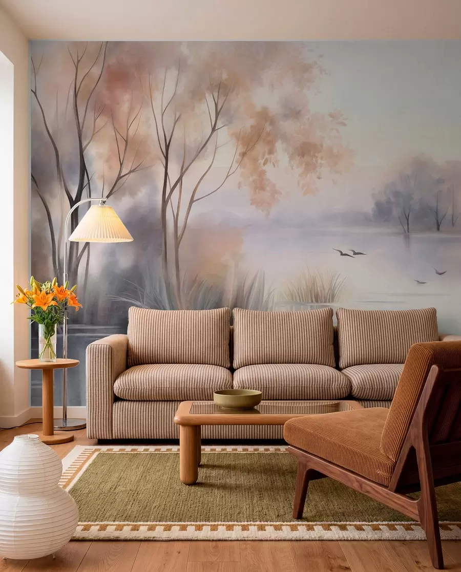 Wall Mural Photo Wallpaper Landscape, a misty lake with trees and reeds, birds flying, textured watercolor painting style w09866