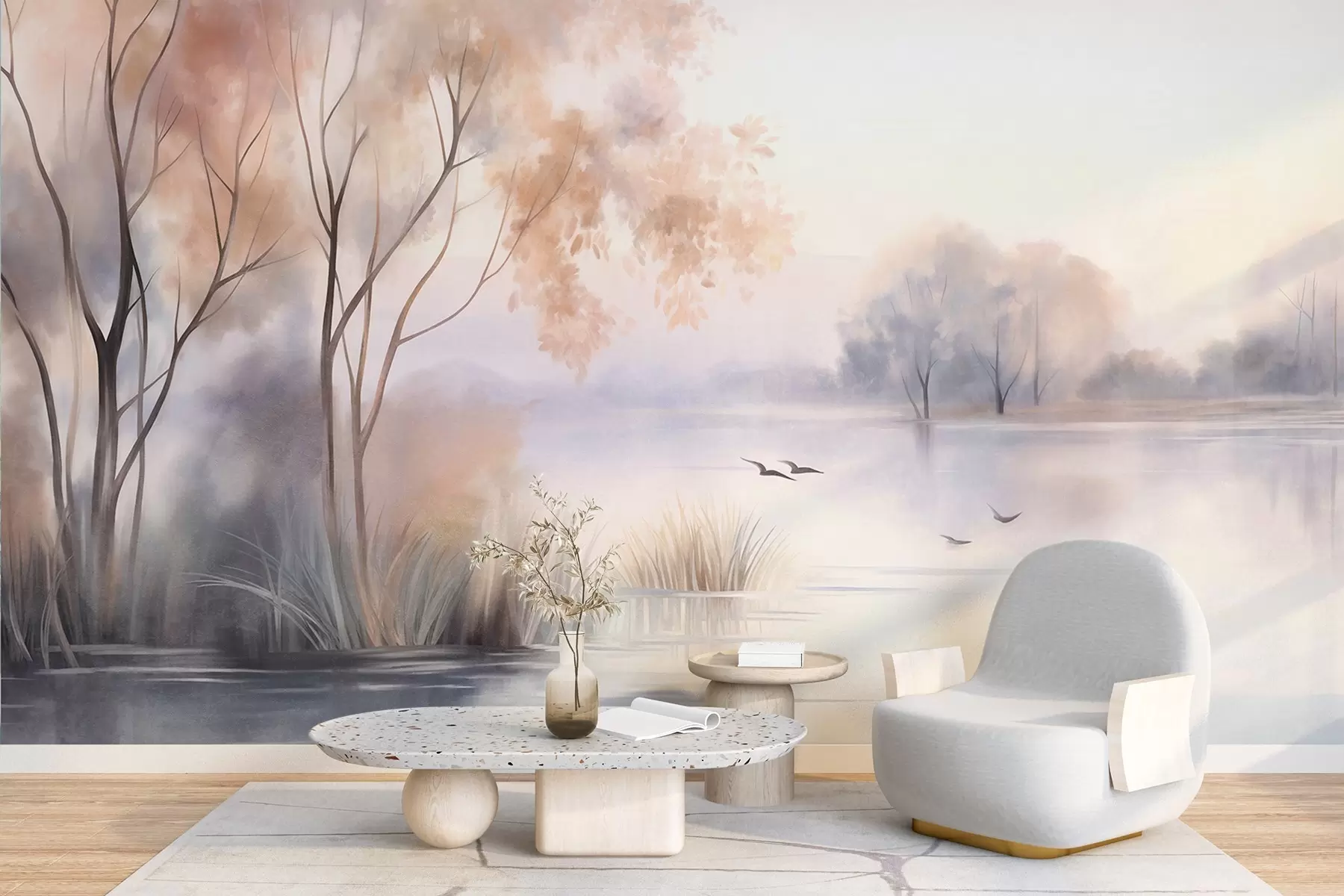 murais de parede Paisagem: um lago enevoado com árvores e juncos, pássaros a voar, estilo de pintura em aguarela com textura w09866