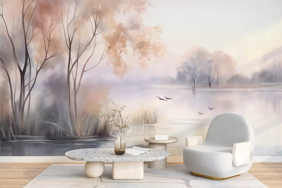 Wall Mural Photo Wallpaper Landscape, a misty lake with trees and reeds, birds flying, textured watercolor painting style w09866
