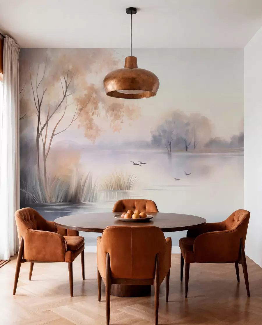 Wall Mural Photo Wallpaper Landscape, a misty lake with trees and reeds, birds flying, textured watercolor painting style w09866