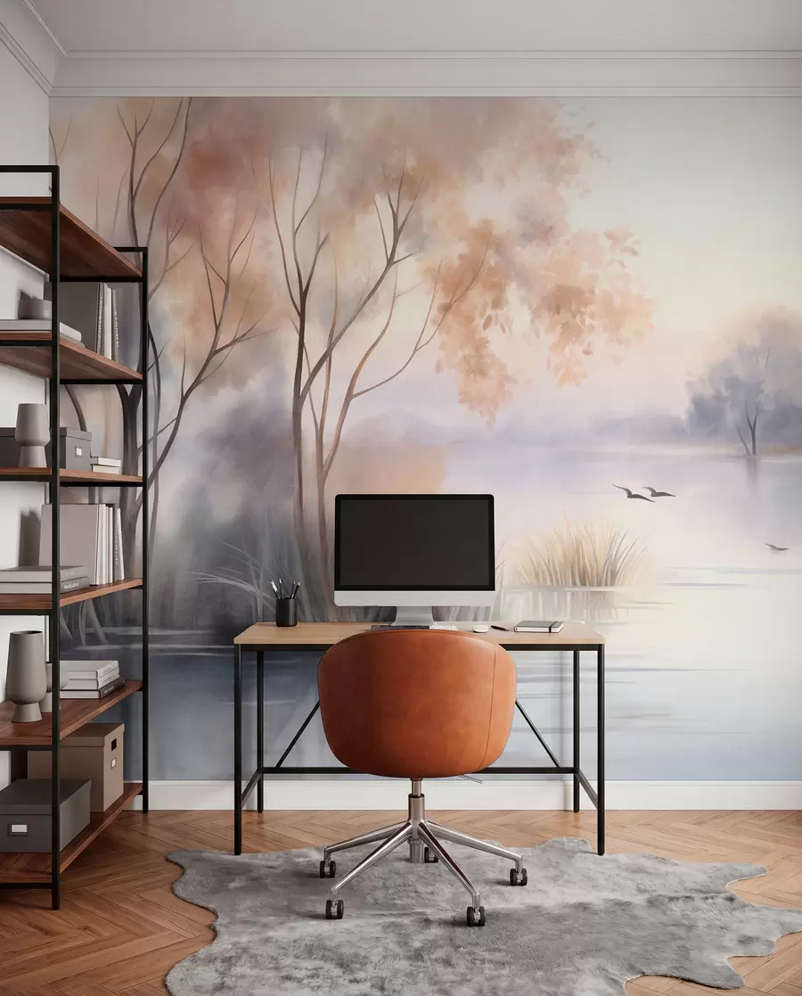 Wall Mural Photo Wallpaper Landscape, a misty lake with trees and reeds, birds flying, textured watercolor painting style w09866