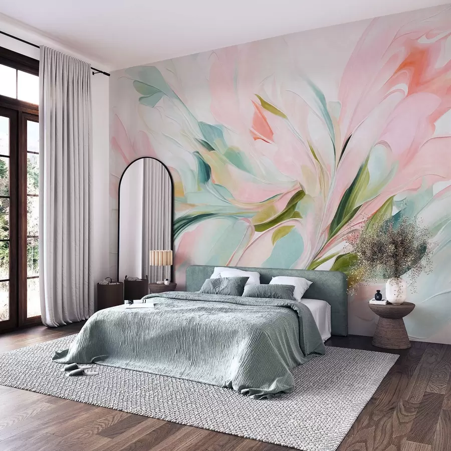Wall Mural Photo Wallpaper Abstract floral painting style with soft pastel brushstrokes on a light background w09871