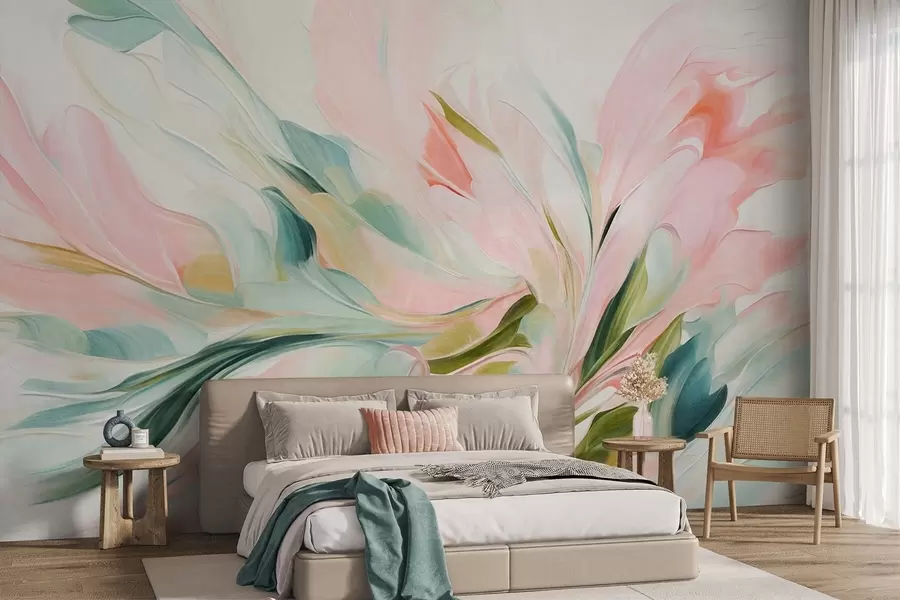 murais de parede Pintura floral abstrata com pinceladas suaves em tons pastel sobre um fundo claro w09871