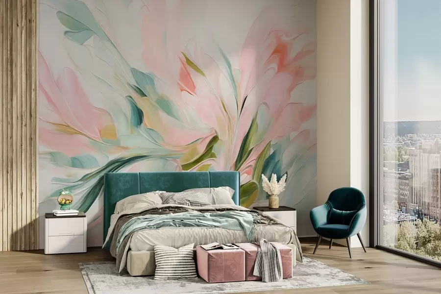 Wall Mural Photo Wallpaper Abstract floral painting style with soft pastel brushstrokes on a light background w09871