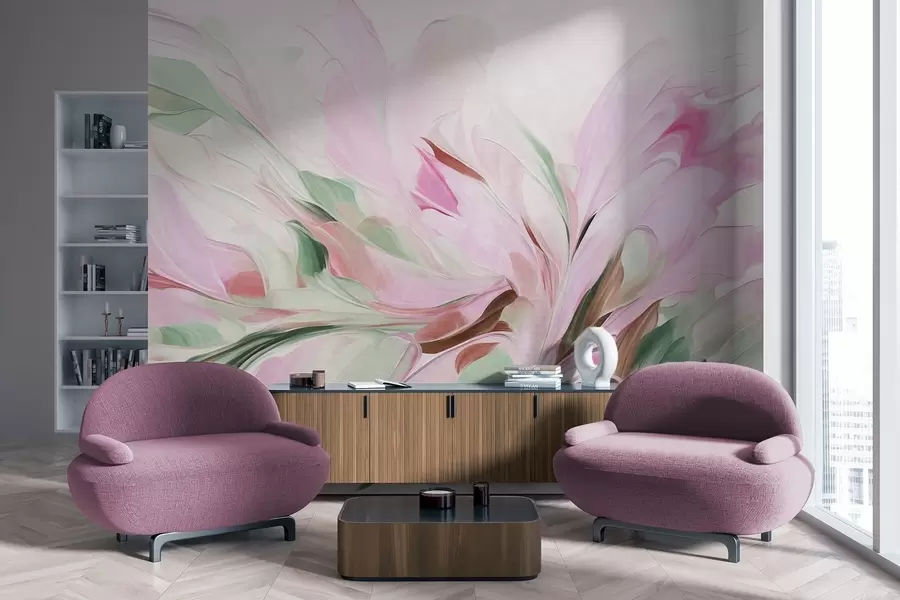 murales Pintura floral abstracta con suaves pinceladas en tonos pastel sobre un fondo claro w09871v1