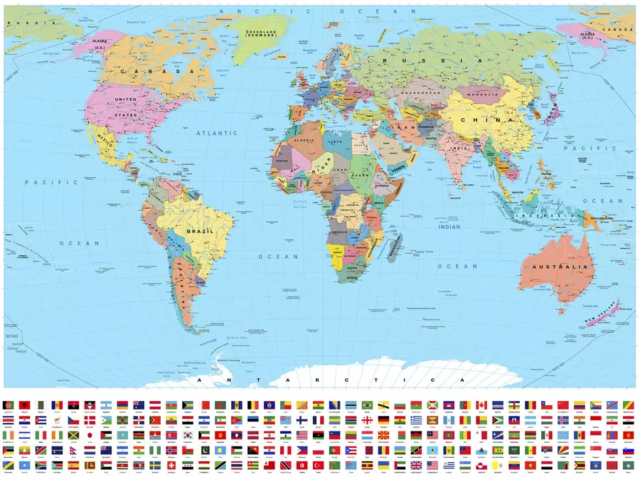 Wall Mural Photo Wallpaper A color political map of the world with flags, in English c00004en