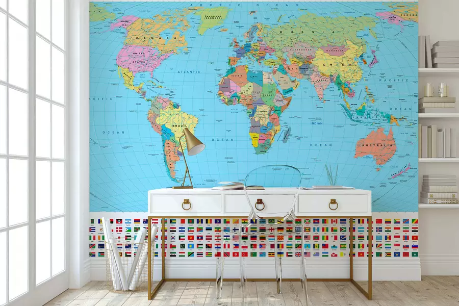 murais de parede Um mapa político do mundo a cores com bandeiras, em inglês c00004en
