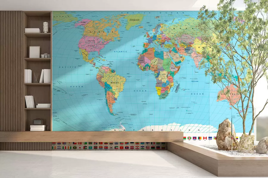 Wall Mural Photo Wallpaper A color political map of the world with flags, in English c00004en