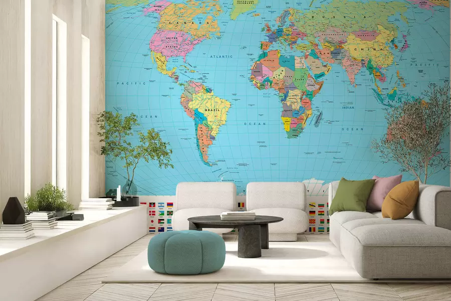 wall murals A color political map of the world with flags, in English c00004en