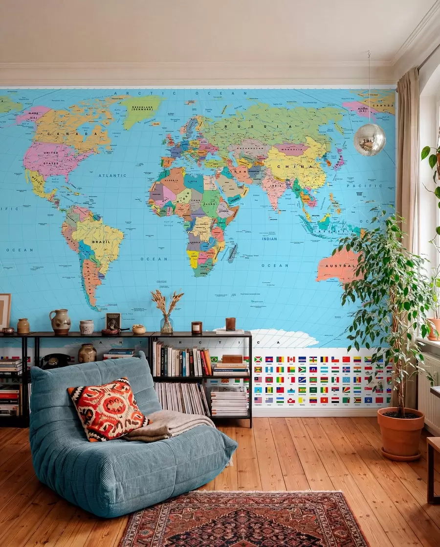 wall murals A color political map of the world with flags, in English c00004en