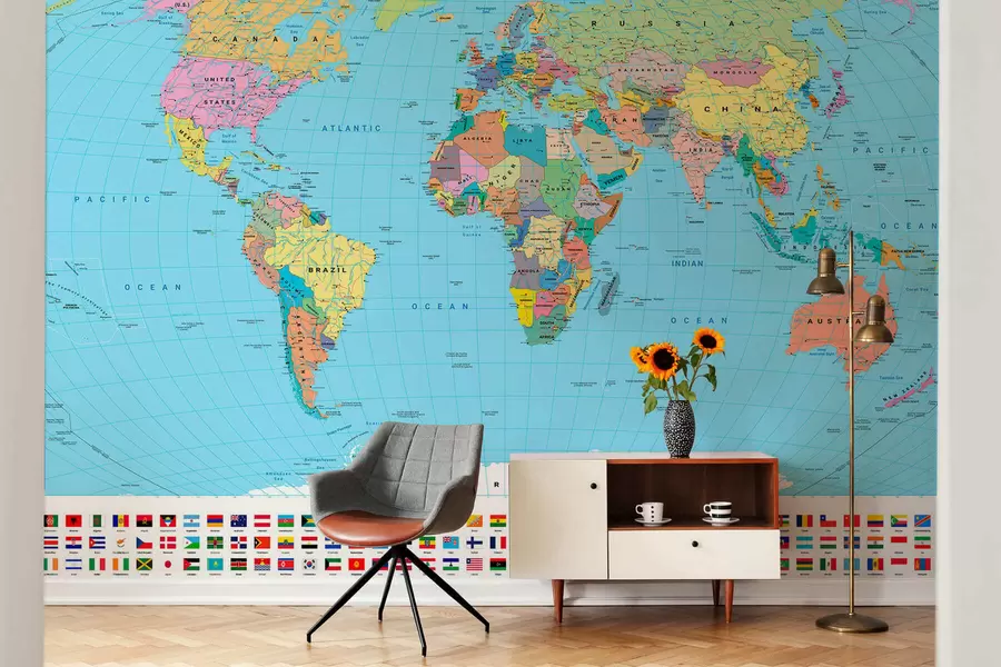 wall murals A color political map of the world with flags, in English c00004en