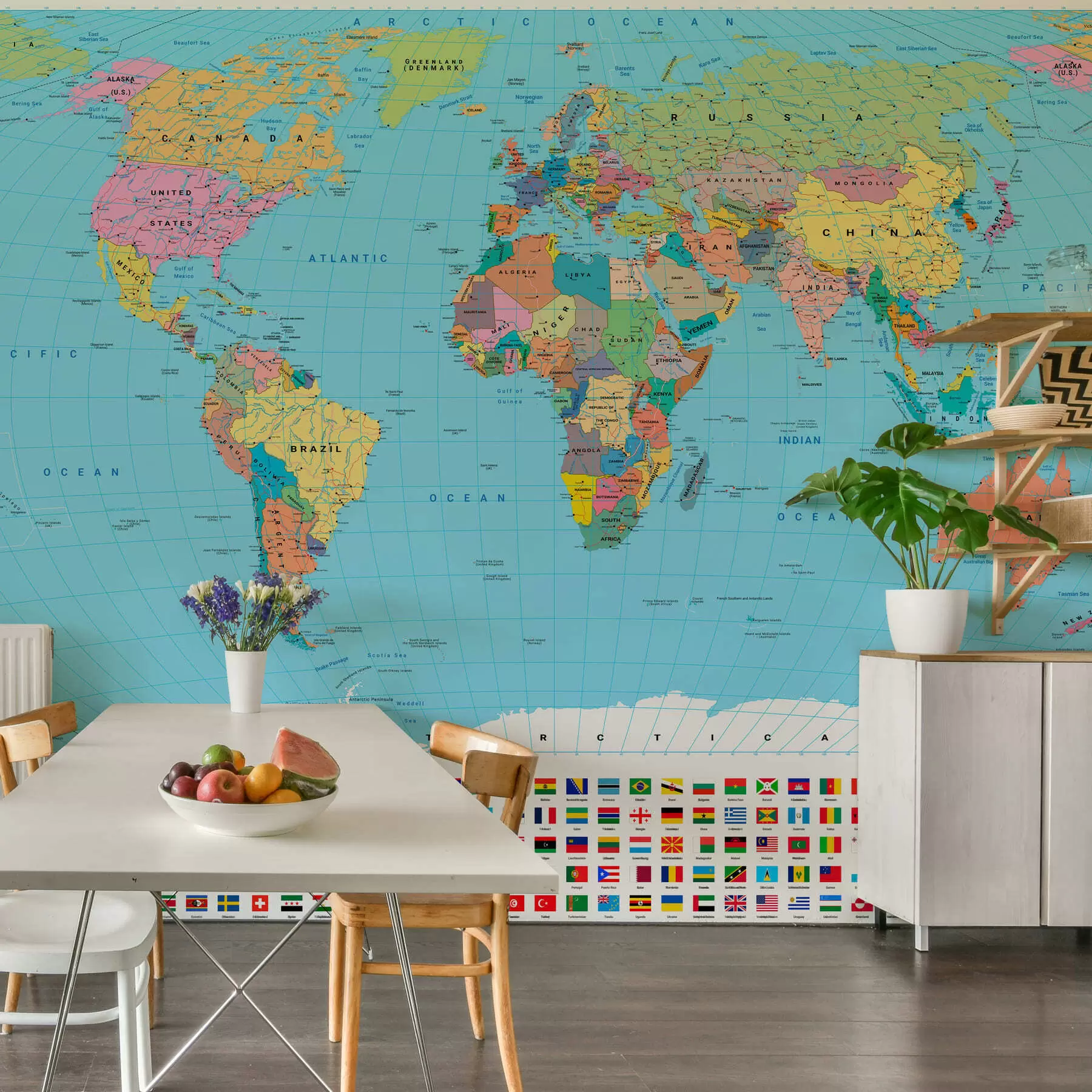 Wall Mural Photo Wallpaper A color political map of the world with flags, in English c00004en