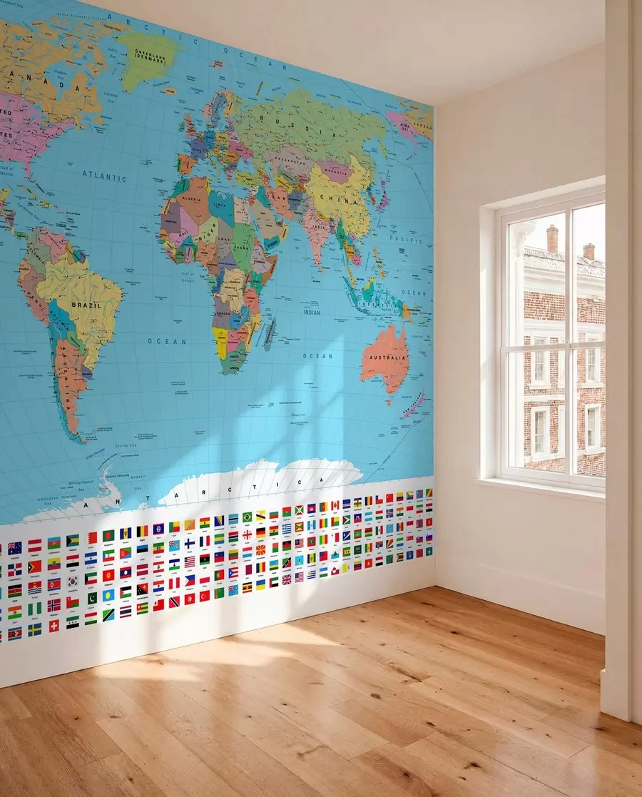 peintures murales Une carte politique du monde en couleurs avec des drapeaux, en anglais c00004en