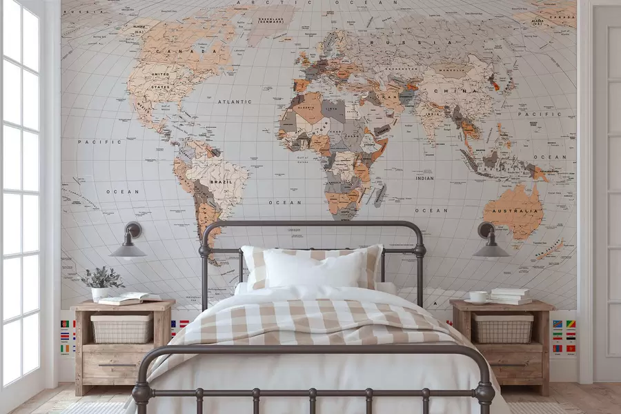 wall murals A political map of the world featuring flags in shades of brown and beige, in English c00004env2