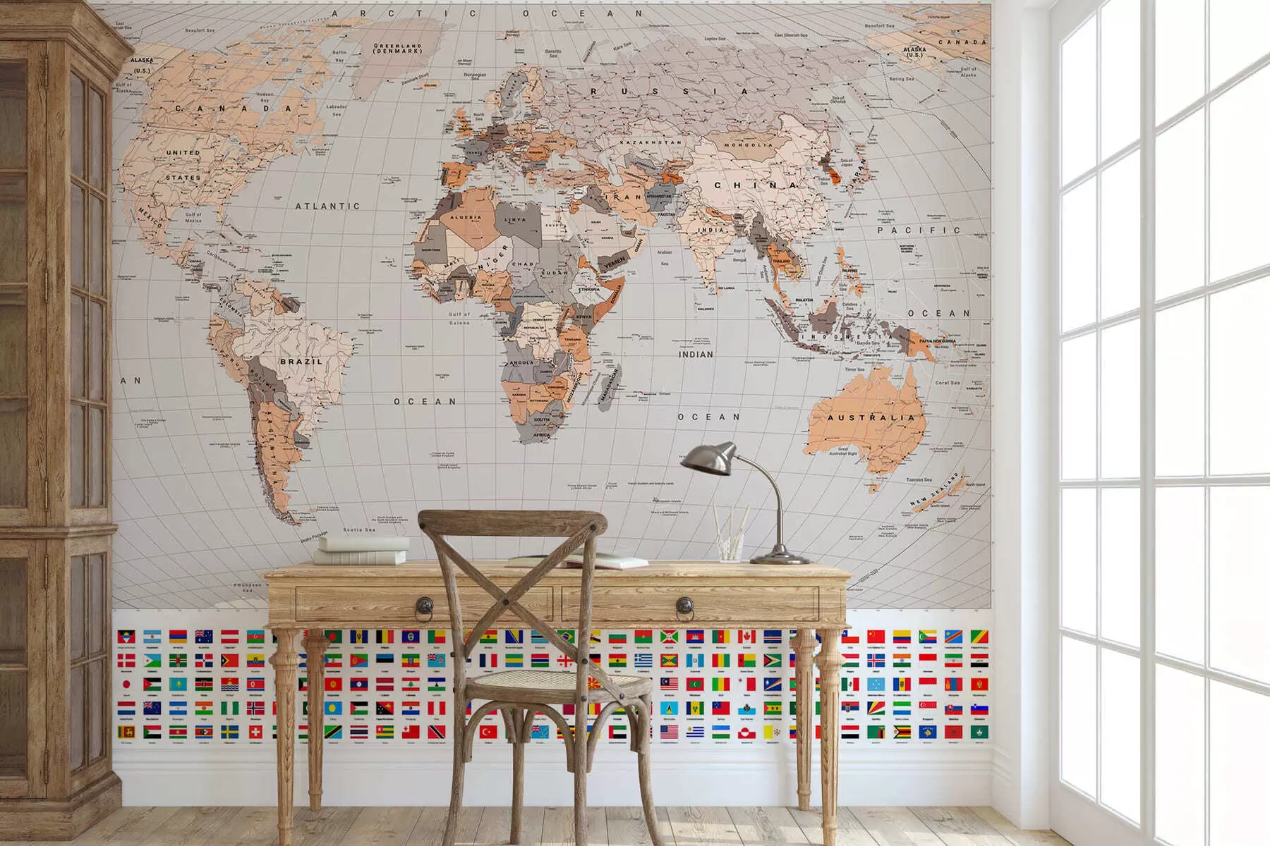 wall murals A political map of the world featuring flags in shades of brown and beige, in English c00004env2
