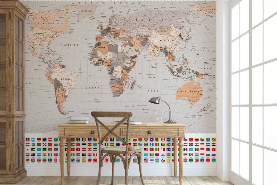 wall murals A political map of the world featuring flags in shades of brown and beige, in English c00004env2