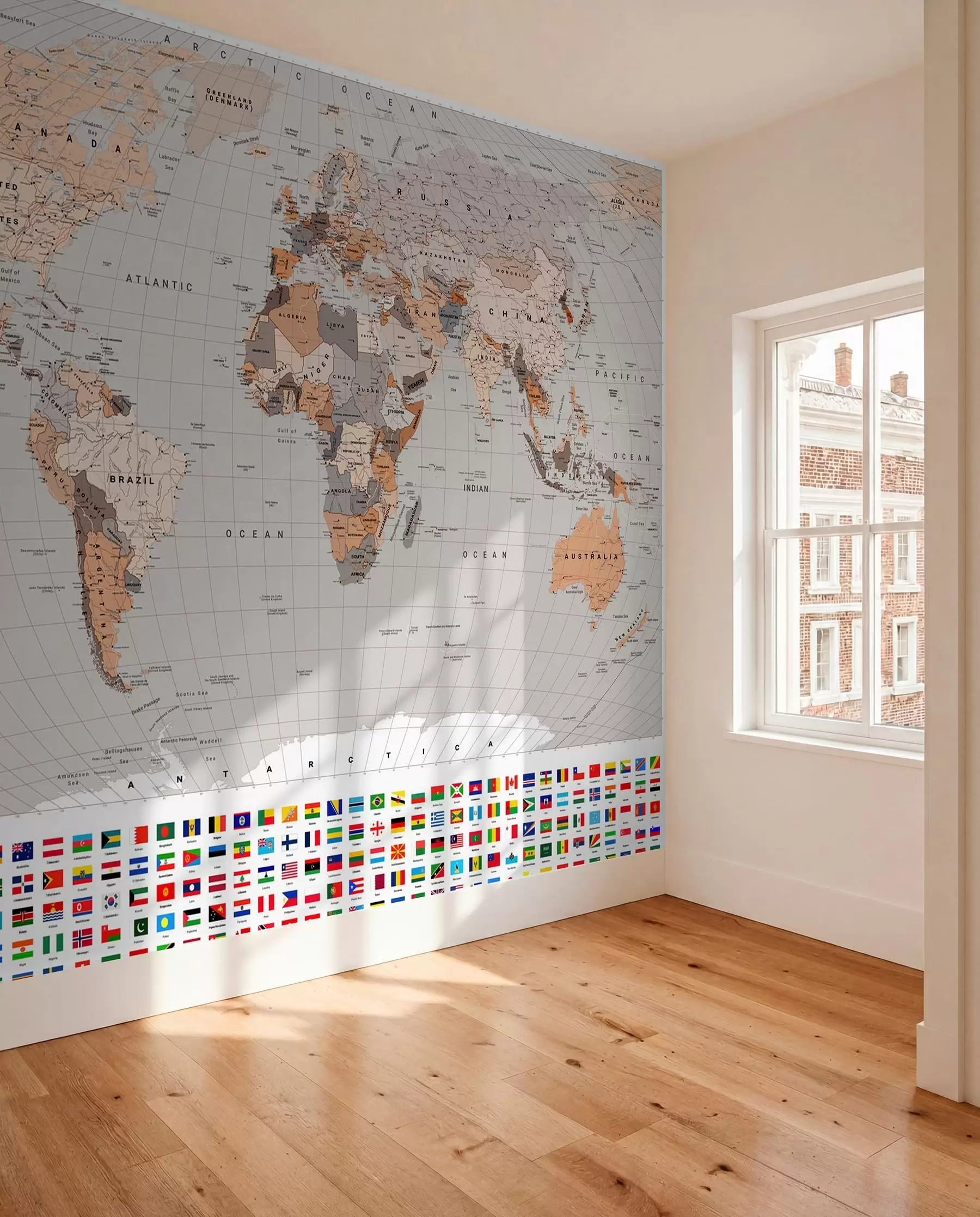 wall murals A political map of the world featuring flags in shades of brown and beige, in English c00004env2