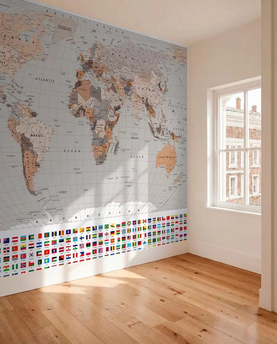 wall murals A political map of the world featuring flags in shades of brown and beige, in English c00004env2