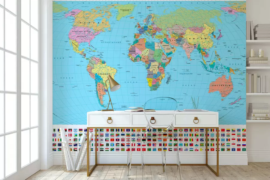 murales Un mapa político del mundo de color oliva con banderas, en ucraniano c00004uk
