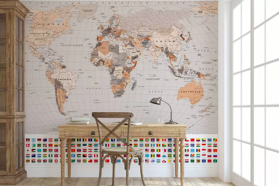 Wall Mural Photo Wallpaper A political map of the world featuring flags in shades of brown and beige, in Ukrainian c00004ukv2