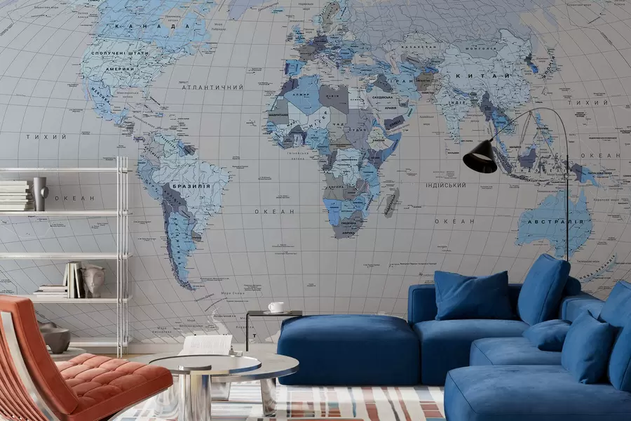 murales Un mapa político del mundo con banderas en tonos azules, en ucraniano c00004ukv3