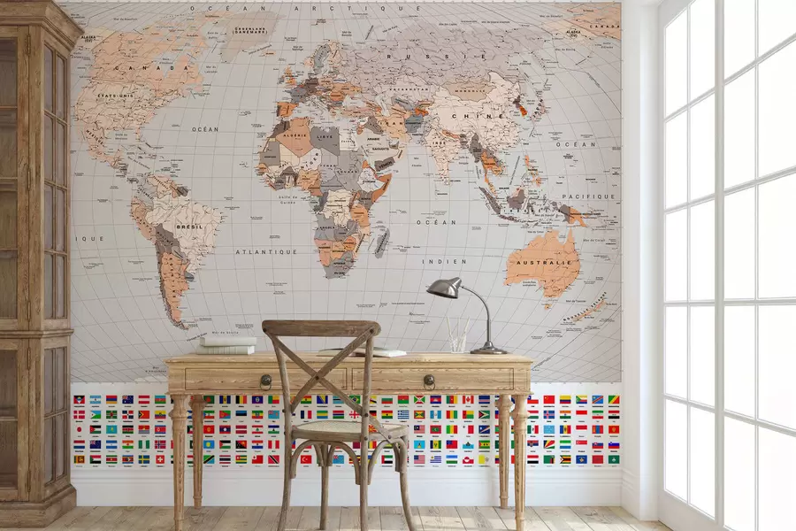 murales Un mapa político del mundo con banderas en tonos marrones y beige, en francés c00004frv2