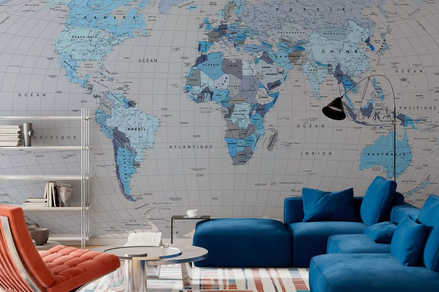 wall murals A political map of the world with flags in shades of blue, in French c00004frv3