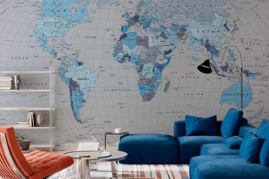 murales Un mapa político del mundo con banderas en tonos azules, en francés c00004frv3
