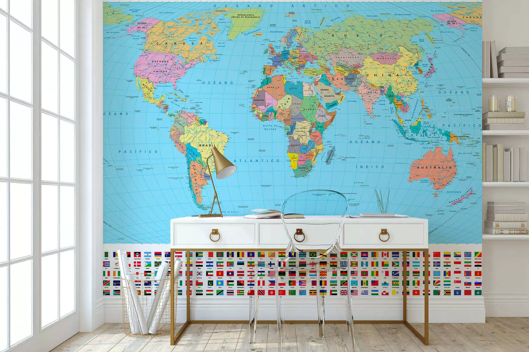wall murals An olive-colored political map of the world with flags in Spanish c00004es