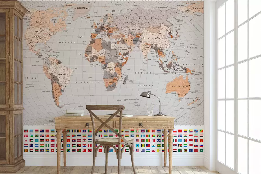 murales Un mapa político del mundo con banderas en tonos marrones y beige (en español) c00004esv2
