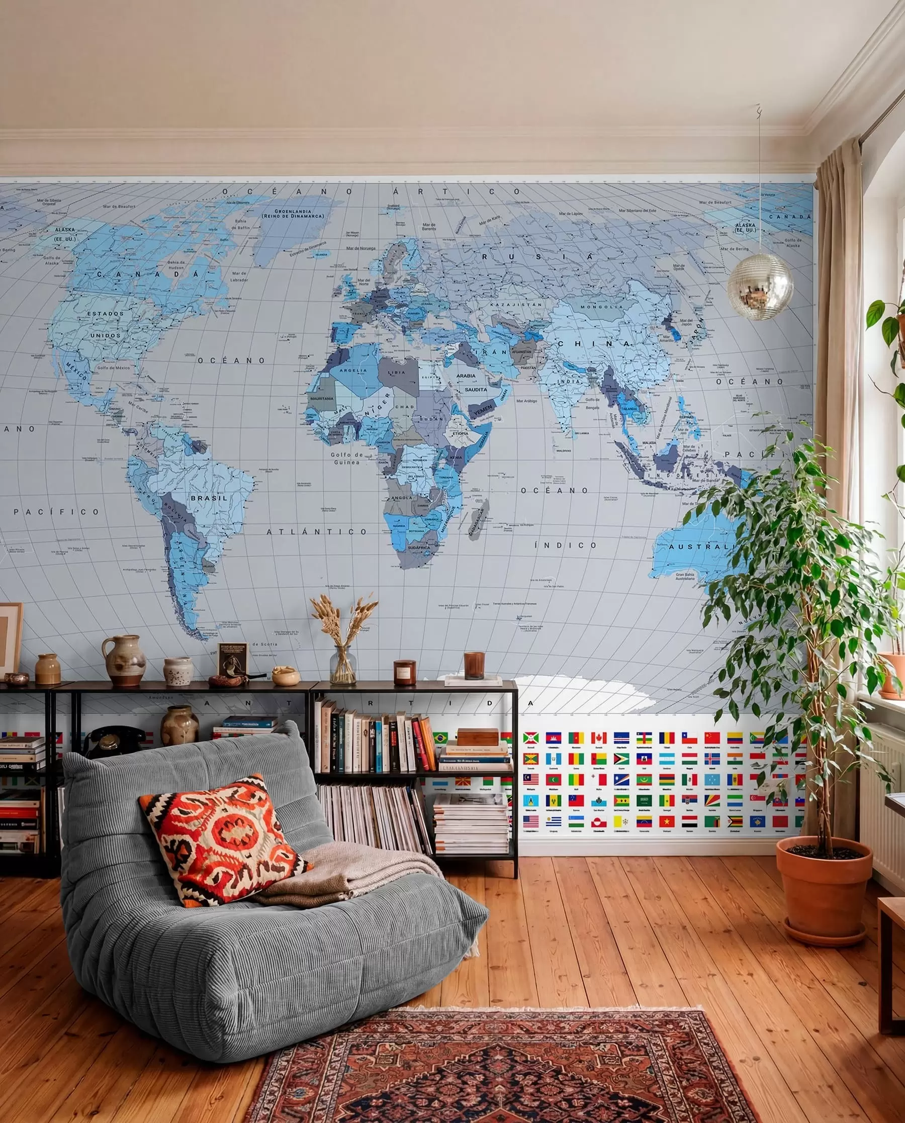 peintures murales Une carte politique du monde avec des drapeaux dans des nuances de bleu. en espagnol c00004esv3