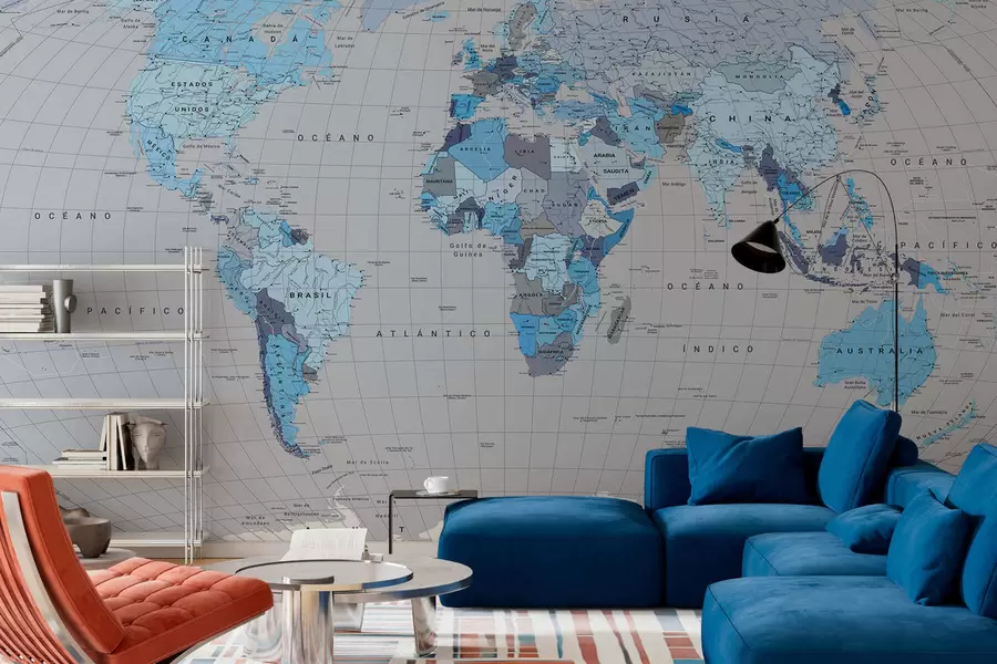 wall murals A political map of the world with flags in shades of blue. in Spanish c00004esv3