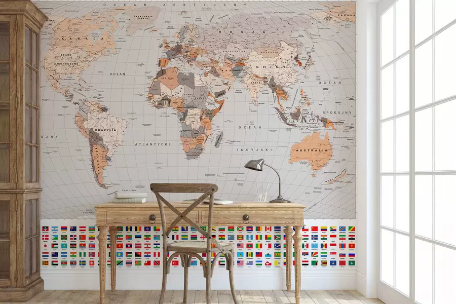 murales Un mapa político del mundo con banderas en tonos marrones y beige. En polaco c00004plv2