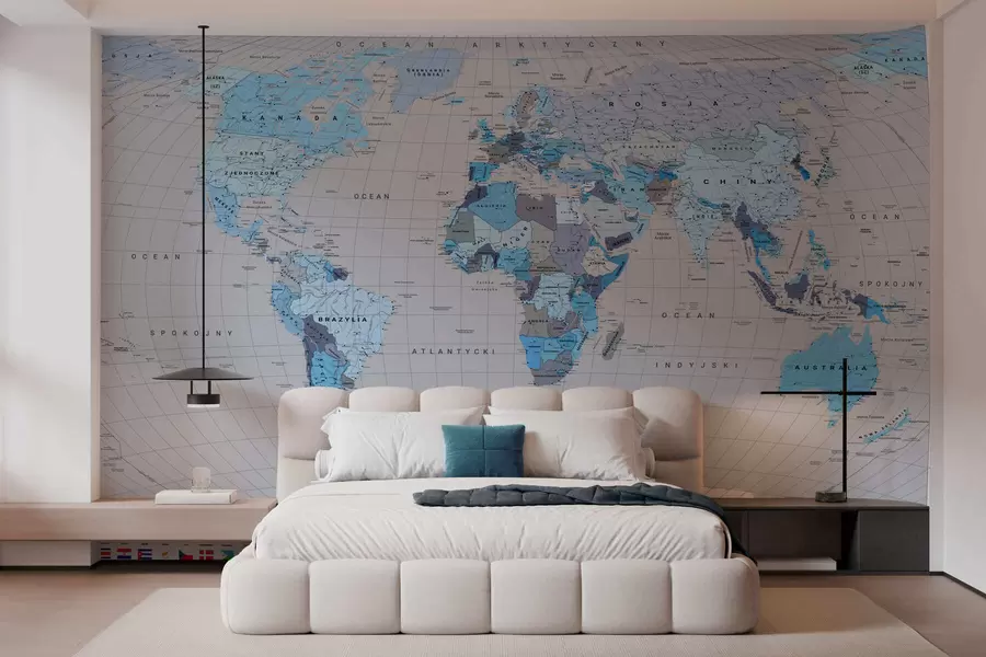 Wall Mural Photo Wallpaper A political map of the world with flags in shades of blue. In Polish c00004plv3