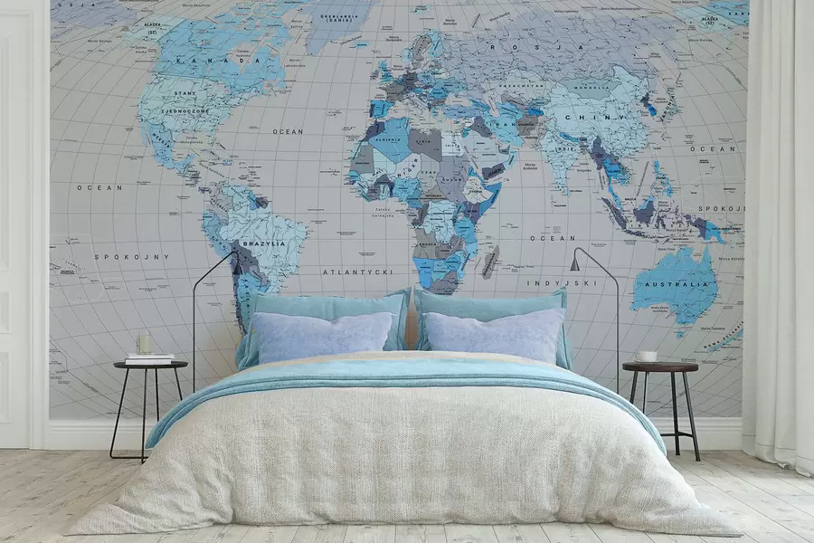 Wall Mural Photo Wallpaper A political map of the world with flags in shades of blue. In Polish c00004plv3