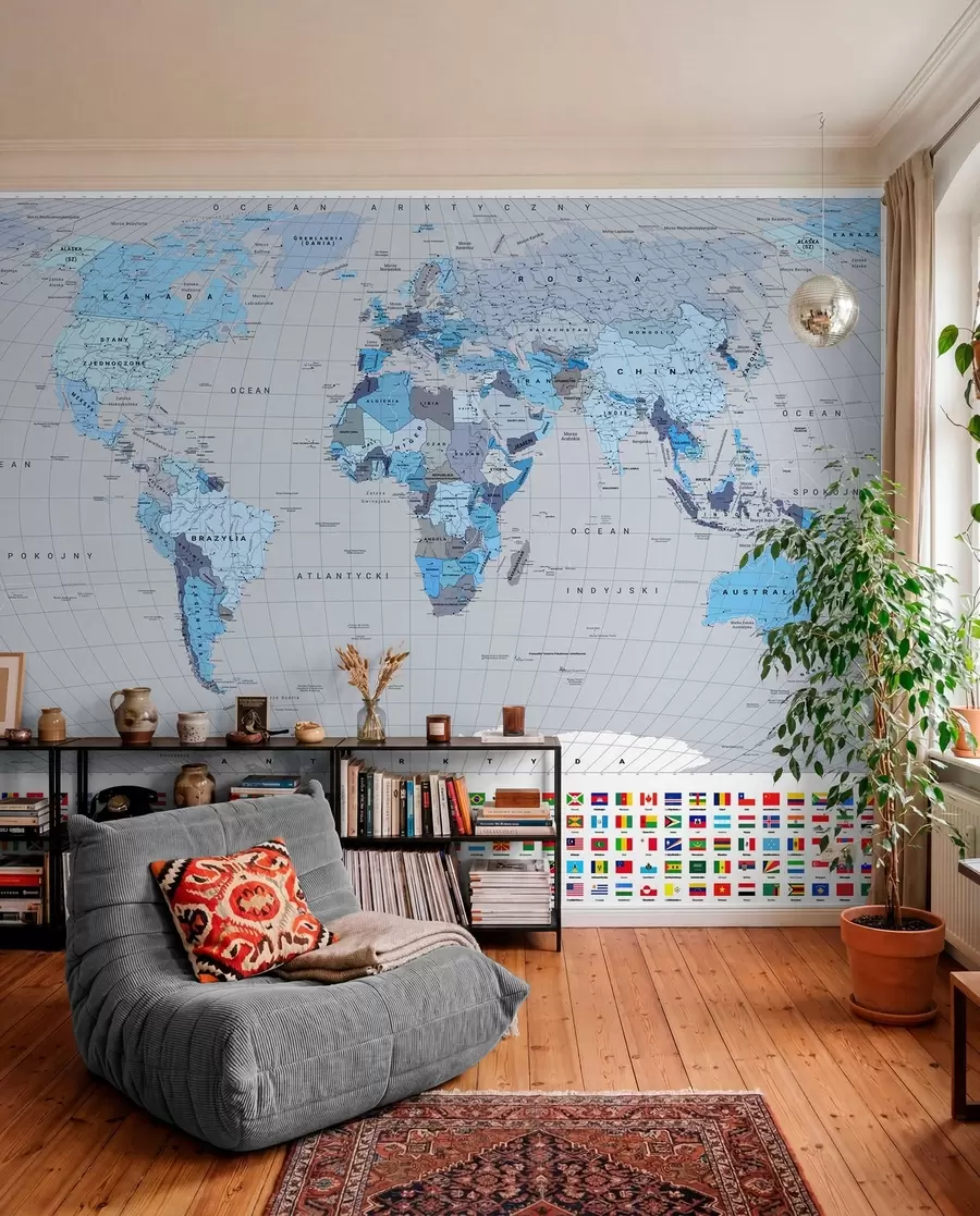murales Un mapa político del mundo con banderas en tonos azules. En polaco c00004plv3