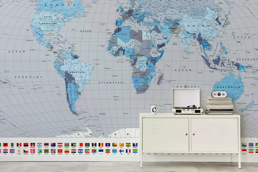 Wall Mural Photo Wallpaper A political map of the world with flags in shades of blue. In Polish c00004plv3