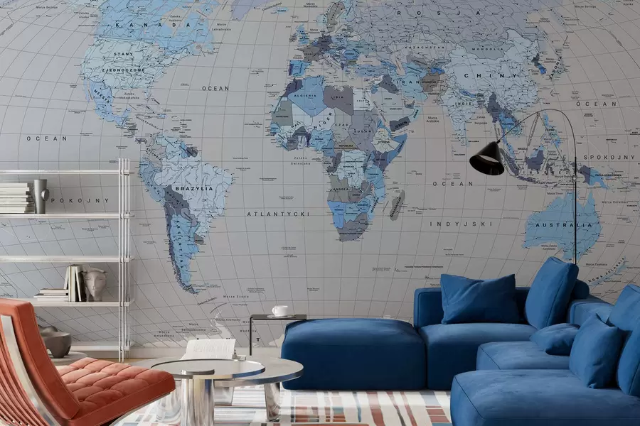 wall murals A political map of the world with flags in shades of blue. In Polish c00004plv3