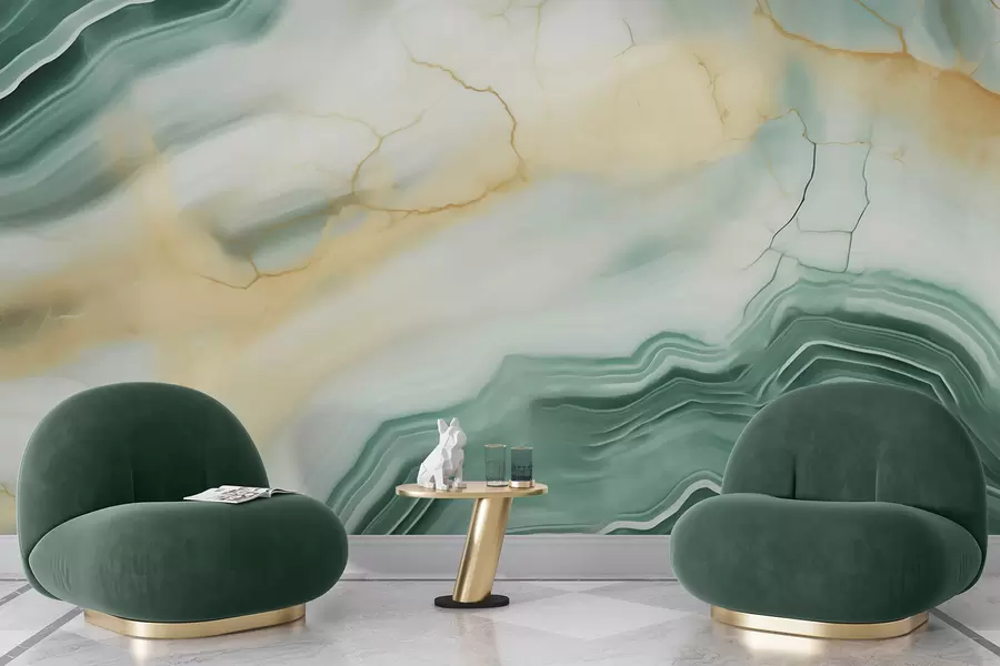 murais de parede Imitacão de um padrão abstrato com textura de mármore, em tons de verde e amarelo w05587