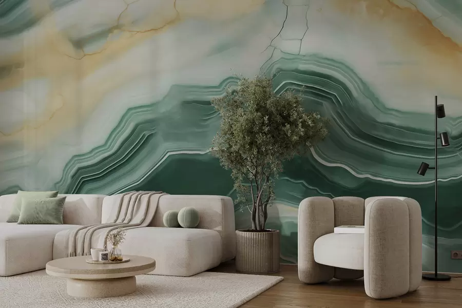 murais de parede Imitacão de um padrão abstrato com textura de mármore, em tons de verde e amarelo w05587