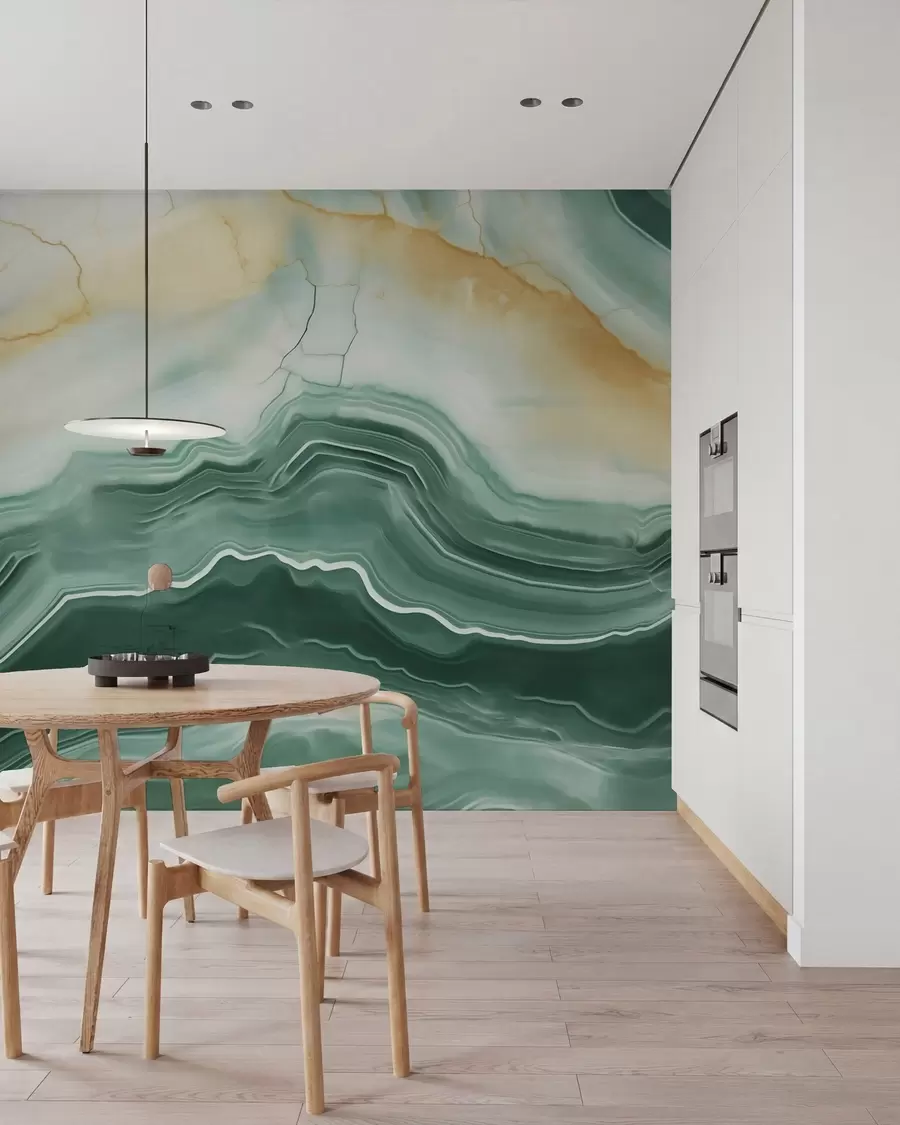 peintures murales Imitation d'un motif abstrait imitant la texture du marbre, dans des tons de vert et de jaune w05587